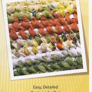 May include: A colorful rag rug with a woven design, featuring shades of green, orange, yellow, and white. The image is from a pattern for making rectangular rag rugs. The text on the image says "Rag Rugs".