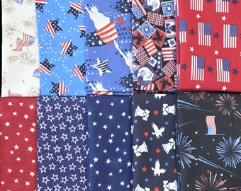 Patriotic Fat Quarters Bundle - 10 Pcs - No  Duplicates - For all your patriotic crafts and quilting projects