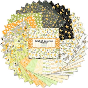 May include: A pack of 42 fat quarter fabric squares in a variety of floral prints featuring yellow, green, white, and gray colors. The fabric squares are arranged in a circle with the label "Patch of Sunshine by Jennifer Ellory" in the center.