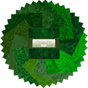 May include: A pack of 5-inch green fabric squares with various patterns, including swirls, dots, and leaves. The pack is labeled "Emerald Forest".