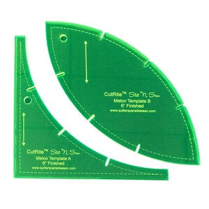 May include: Two green plastic sewing templates for creating a melon shape. The templates are labeled "CutRite™ Slit 'n Sew Melon Template A 6" Finished" and "CutRite™ Slit 'n Sew Melon Template B 6" Finished".