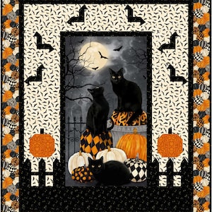 May include: Halloween-themed quilt featuring black cats, pumpkins, and bats. The central image shows two black cats perched on pumpkins under a full moon. The quilt's border includes pumpkin and bat patterns, creating a spooky, festive design.