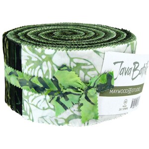 May include: A roll of Java Batik fabric strips by Maywood Studio, featuring 40 pieces of 2.5 inch wide strips. The fabric displays various shades of green, black, and white with leaf-like patterns, tied together with a matching fabric ribbon.