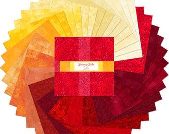 May include: A pack of 42 fabric squares in shades of red, orange, and yellow. The squares are arranged in a fan shape. The pack is labeled "Sunny Side" and features a floral design.
