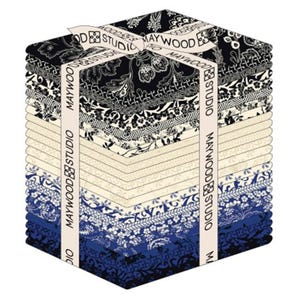 May include: A stack of patterned fabric squares in shades of black, cream, and blue, tied with a ribbon that reads "MAYWOOD STUDIO". The fabric features floral and geometric designs, perfect for quilting or crafting projects.