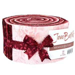 May include: A roll of 40 2.5-inch fabric strips in a pink and burgundy batik pattern. The fabric is tied with a burgundy ribbon bow. The label reads "Java Batik" and "Maywood Studio".