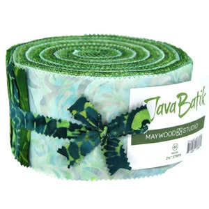 May include: A rolled bundle of green and blue batik fabric strips, tied with a patterned ribbon. The fabric features a swirling design. A white label with the text "Java Batik" and "MAYWOOD STUDIO" is attached to the bundle. Each strip is 2.5 inches wide.