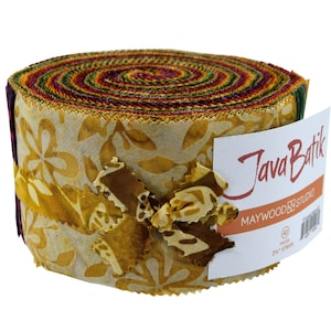 May include: A roll of 40 2.5-inch fabric strips in a variety of warm colors, including orange, yellow, red, and brown. The fabric is a batik print with a floral design. The label reads "Java Batik" and "Maywood Studio".