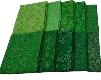 Fat Quarter Bundle - Green Prints - 10 Pcs - 100 % Cotton - Great for Quilting, Sewing, Crafting