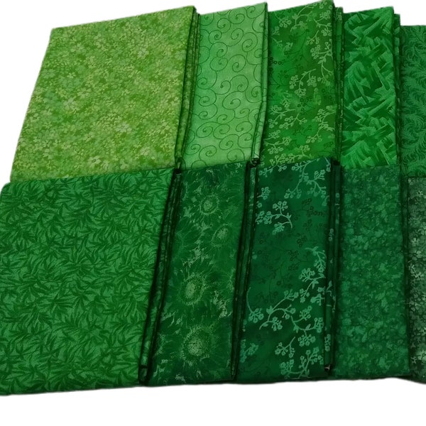 Fat Quarter Bundle - Green Prints - 10 Pcs - 100 % Cotton - Great for Quilting, Sewing, Crafting