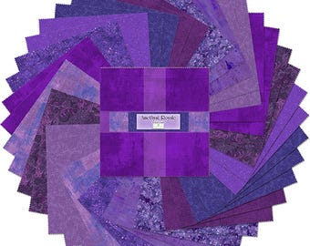 May include: A pack of 42 purple fabric squares, each measuring 5 inches by 5 inches. The fabric squares feature a variety of patterns, including floral, geometric, and textured designs. The pack is labeled "Amethyst Royale".