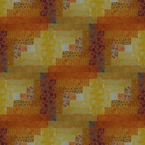 May include: A quilt pattern with a log cabin design in shades of orange, yellow, and brown. The quilt is made up of squares with different patterns and colors.