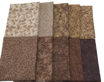 Assorted Brown Prints -Fat Quarter Bundle - 10 pcs -  No Duplicates - Great For Quilting - Sewing - Crafts