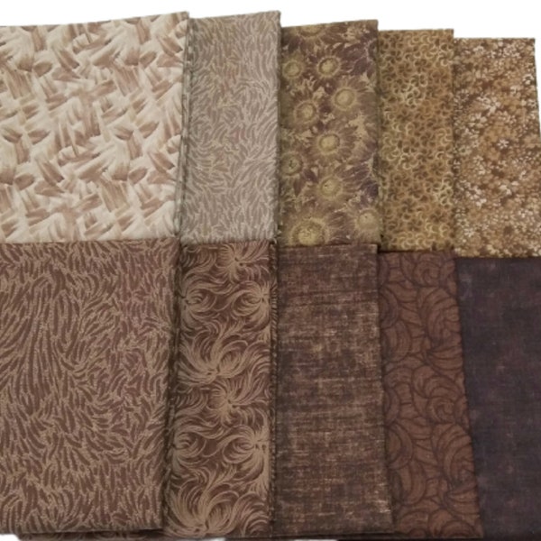 Assorted Brown Prints -Fat Quarter Bundle - 10 pcs -  No Duplicates - Great For Quilting - Sewing - Crafts