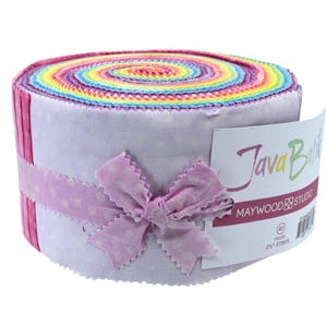 May include: A rolled bundle of fabric strips in a variety of colors, including pink, purple, yellow, and blue. The fabric is wrapped with a light purple ribbon and a bow. The label reads "Java Batik" and "MAYWOOD Studio". The bundle contains 40 pieces of 2.5" strips.