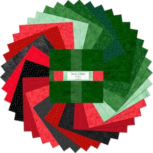 May include: A pack of 42 fat quarter fabric squares in a variety of red, green, and black patterns. The fabric squares are arranged in a circle with the center square featuring the text "One in A Melon".