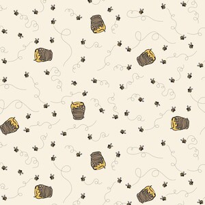 May include: A repeating pattern featuring cartoon bees, honeycombs, and dotted flight paths on a cream background. The bees are yellow and black, the honeycombs are brown and yellow, creating a whimsical, nature-inspired design.