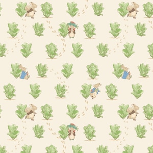 May include: A repeating pattern featuring illustrations of rabbits and a small rodent, interspersed with green lettuce plants and tiny footprints, set against a cream-colored background. The rabbits are wearing blue and brown jackets.