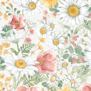 May include: A watercolor painting featuring a floral pattern with white daisies, yellow flowers, and pink flowers on a white background.
