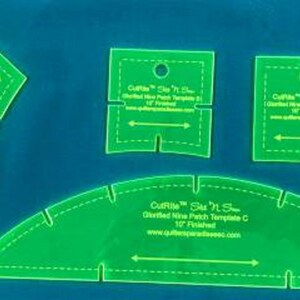 May include: Four green plastic quilting templates for making curved nine-patch blocks. The templates are labeled "CutRite™ Six 'n' Six™ Curved Nine Patch Template" and include sizes for 10" finished blocks.