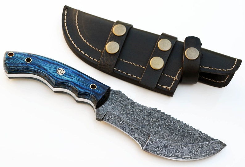 Raindrop Damascus Tracker Knife Hunting Knives Blue Wood | Etsy