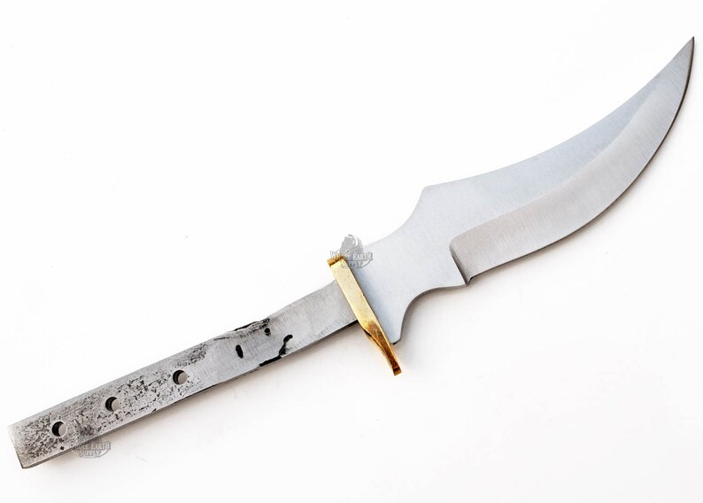 May include: A silver knife blade with a curved edge and a brass tang. The blade is about 7 inches long.