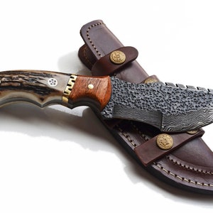 Tracker Knife Stag Handle, Hammered Damascus Hunting Skinning Knives Blades Making Blank Blade Knife Making [A-KNIFE-34L-STAG]