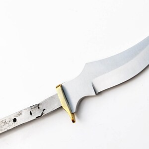 May include: A silver knife blade with a curved edge and a brass tang. The blade is about 7 inches long.
