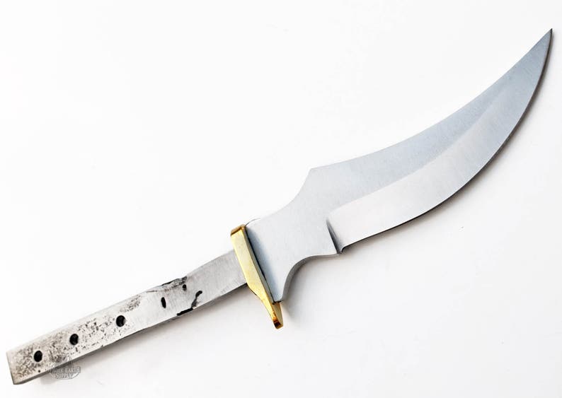 May include: A silver knife blade with a curved edge and a brass tang. The blade is about 7 inches long.