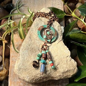Boho hippie colorful artistic necklace, turquoise patina copper circle, layering necklace, copper chain