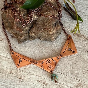 Stamped copper and Turquoise, boho, southwest, three piece pendant necklace