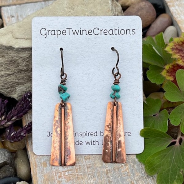 Fold-formed copper dangle earrings with turquoise chip accents, niobium hypoallergenic earwires, boho chic