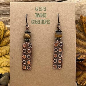 Etched Copper Dangle Earrings, Tiger Eye, Niobium Earwires, Boho Chic