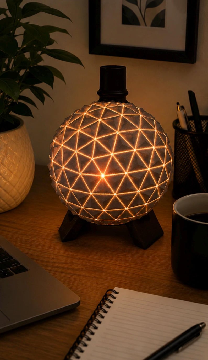 May include: A spherical lamp featuring a geometric pattern of raised triangles on its surface. The structure is illuminated from within, casting a warm glow through the grid lines. It is supported by a dark, three-legged base and has a cylindrical top.