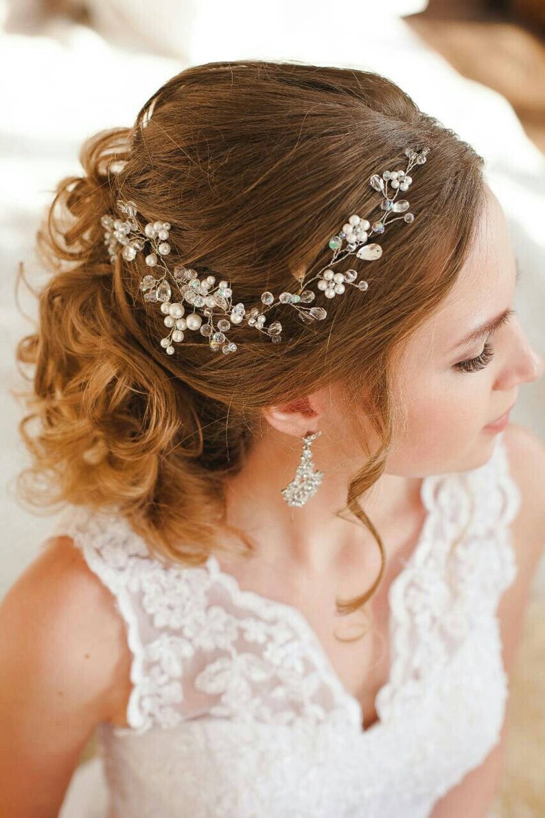 Jeweled Bridal Headband Wedding Hair Vine Pearl Crystal Hair Piece Beaded Pearl Floral Headpiece Bridal Pearl Vine Tiara Crown Adornment