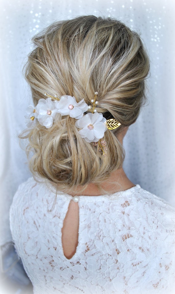 Hair pins for brides Chiffon hair clip Pink gold hair pins Wedding veil hair pieces Bridal hair pins Flower headwear Bridesmaid hair pins