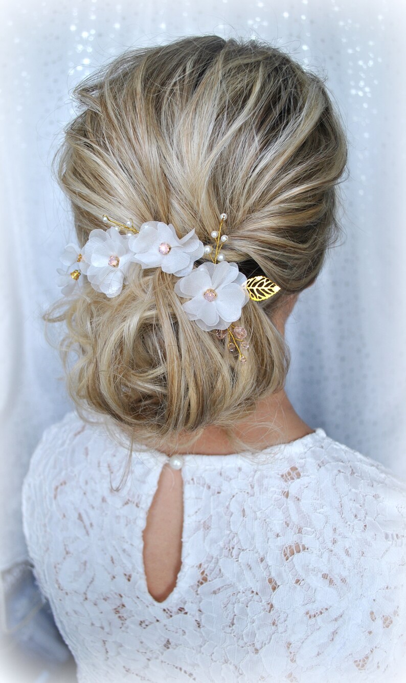 Hair pins for brides Chiffon hair clip Pink gold hair pins Wedding veil hair pieces Bridal hair pins Flower headwear Bridesmaid hair pins
