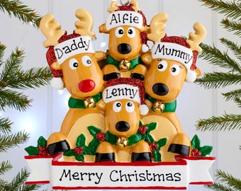 Personalised Christmas Tree Decoration – Reindeer Family of 2–8, Family Ornament