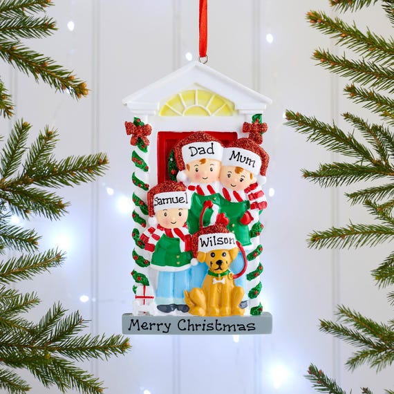 Personalised Family Christmas Bauble 2–6, Family with Dog in Kennel Decoration, Handwritten in the UK