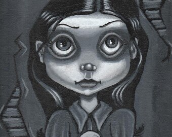 May include: Black and white illustration of a girl with large eyes and a skull necklace. She is wearing a collared dress with puffed sleeves and has her arms crossed. The background is a dark grey with a striped pattern.