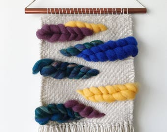 Multi-Colored Wool Puff Woven Wall Hanging, Large Weaving, Statement Art, Yarn Wall Hanging, Tapestry, Woven Wall Art, Weaving