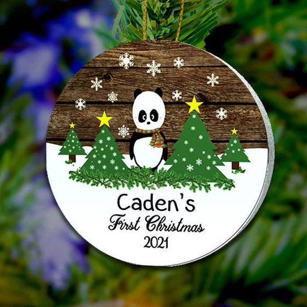 Baby First Christmas Ornament 2022, Personalized Baby's 1st Christmas Ornament, Rustic Baby Ornament, Wood Ornament, Panda Ornament Magnet