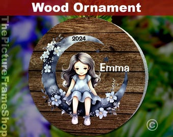 Personalized Crescent Moon Girl Wood Ornament, Christmas Keepsake
