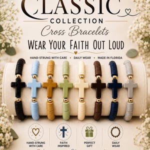 May include: Eight stretch bracelets featuring flat circular beads in black, light blue, mustard, sage green, cream, dark brown, navy, and gray. Each bracelet includes a central cross charm flanked by two small gold-toned metallic spheres.