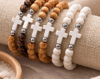 Cross Bracelet: Wooden Beads, Bohemian Style, Easter Christmas Gift, Religious, HANDMADE