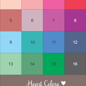 May include: A color chart with 16 different shades of paint, numbered 1 through 16. The colors range from light peach to dark gray. The text "Heart Colors" and "The Picture Frame Shop" is at the bottom of the chart.