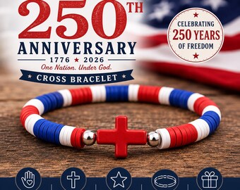 Patriotic  Bracelet: Red White and Blue Cross Bracelet, USA 250th Anniversary, Heishi Beads, USA pride