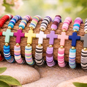 Polymer Cross Bracelet, Baptism Gift, Stretchy Catholic Bracelet