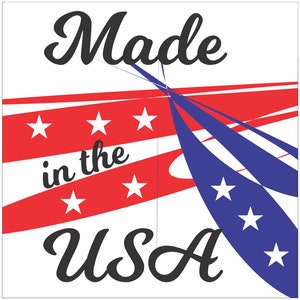 May include: Made in the USA graphic with red and blue stripes and white stars. The text is in a black cursive font.