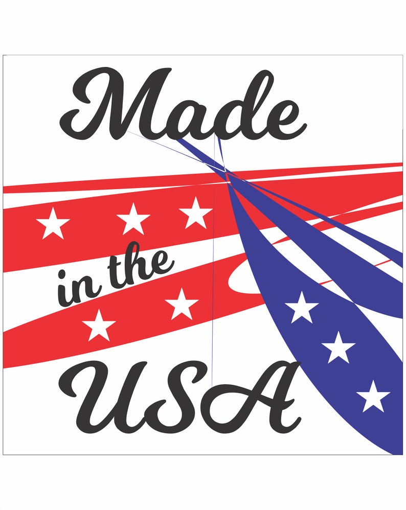 May include: Made in the USA graphic with red and blue stripes and white stars. The text is in a black cursive font.